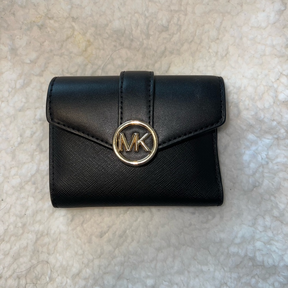 Michael Kors Black Leather Mini Wallet with Gold MK Emblem